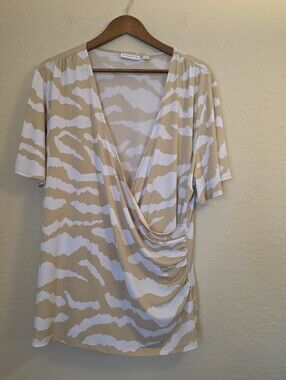 Susan Graver Liquid Knit Wrap Front Top Women XL Tan White Abstract Animal Print